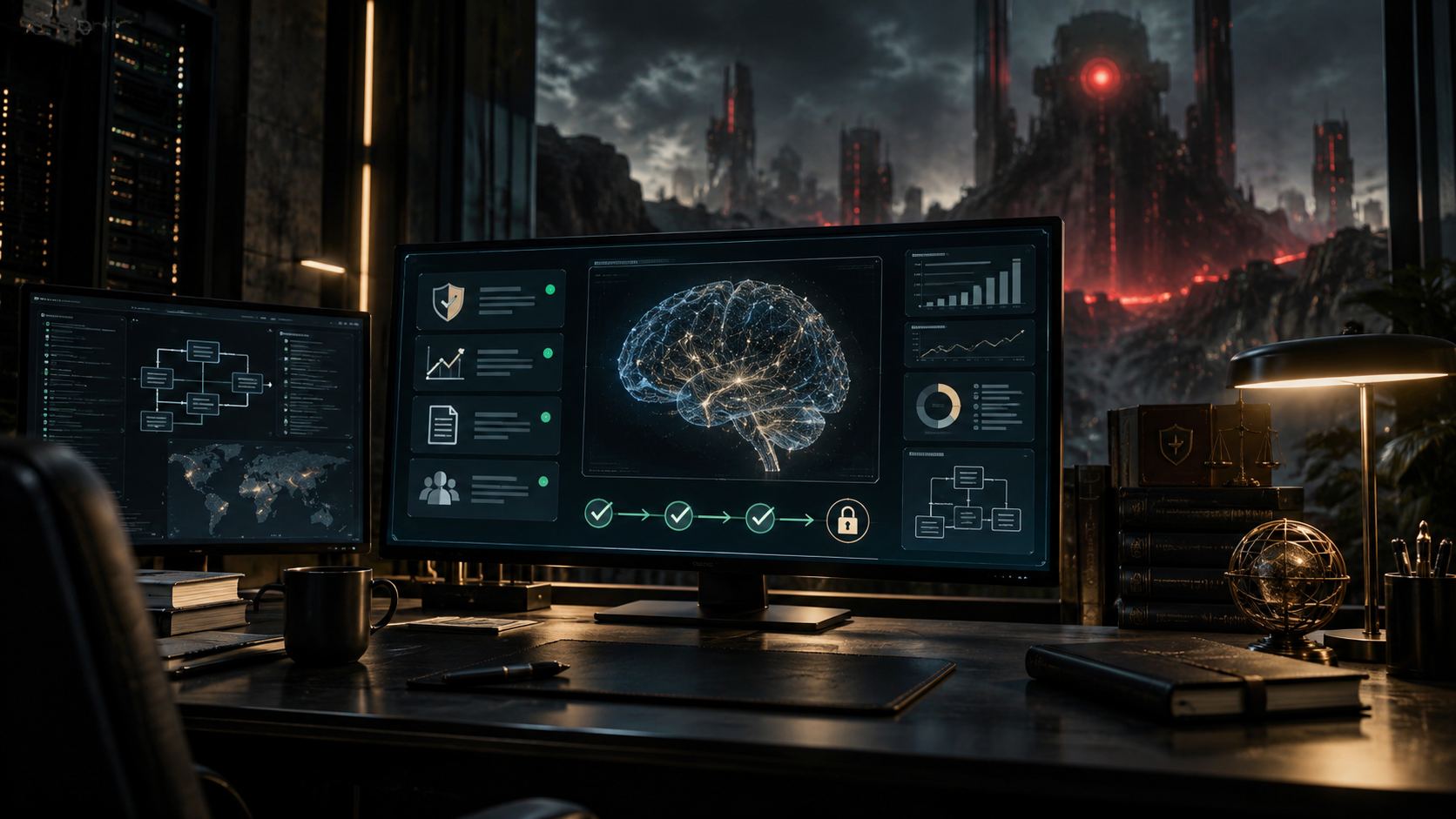 Business AI governance interface contrasted with a dramatic science fiction AI threat outside