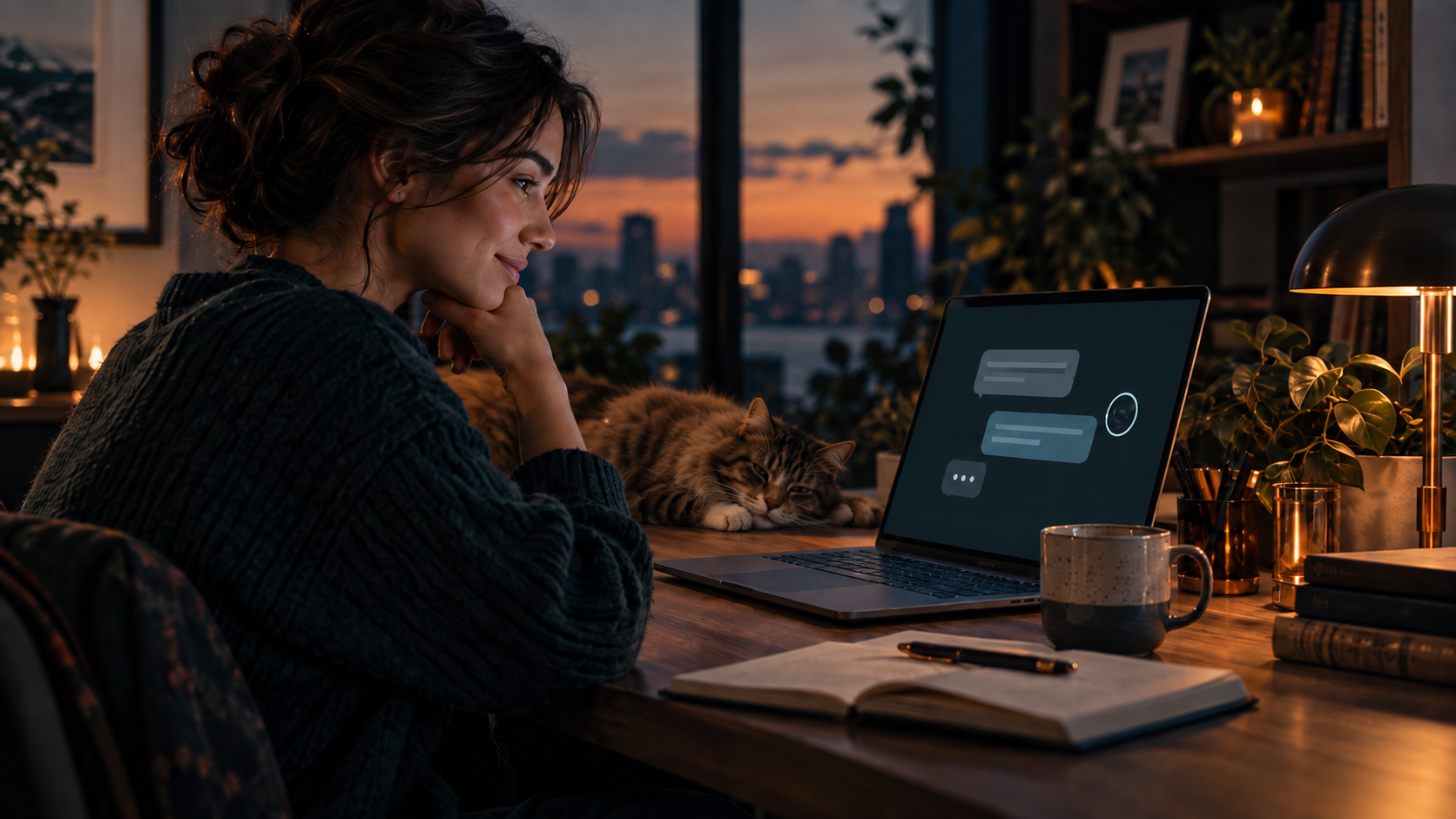 Professional interacting thoughtfully with a conversational AI assistant in a warm evening workspace