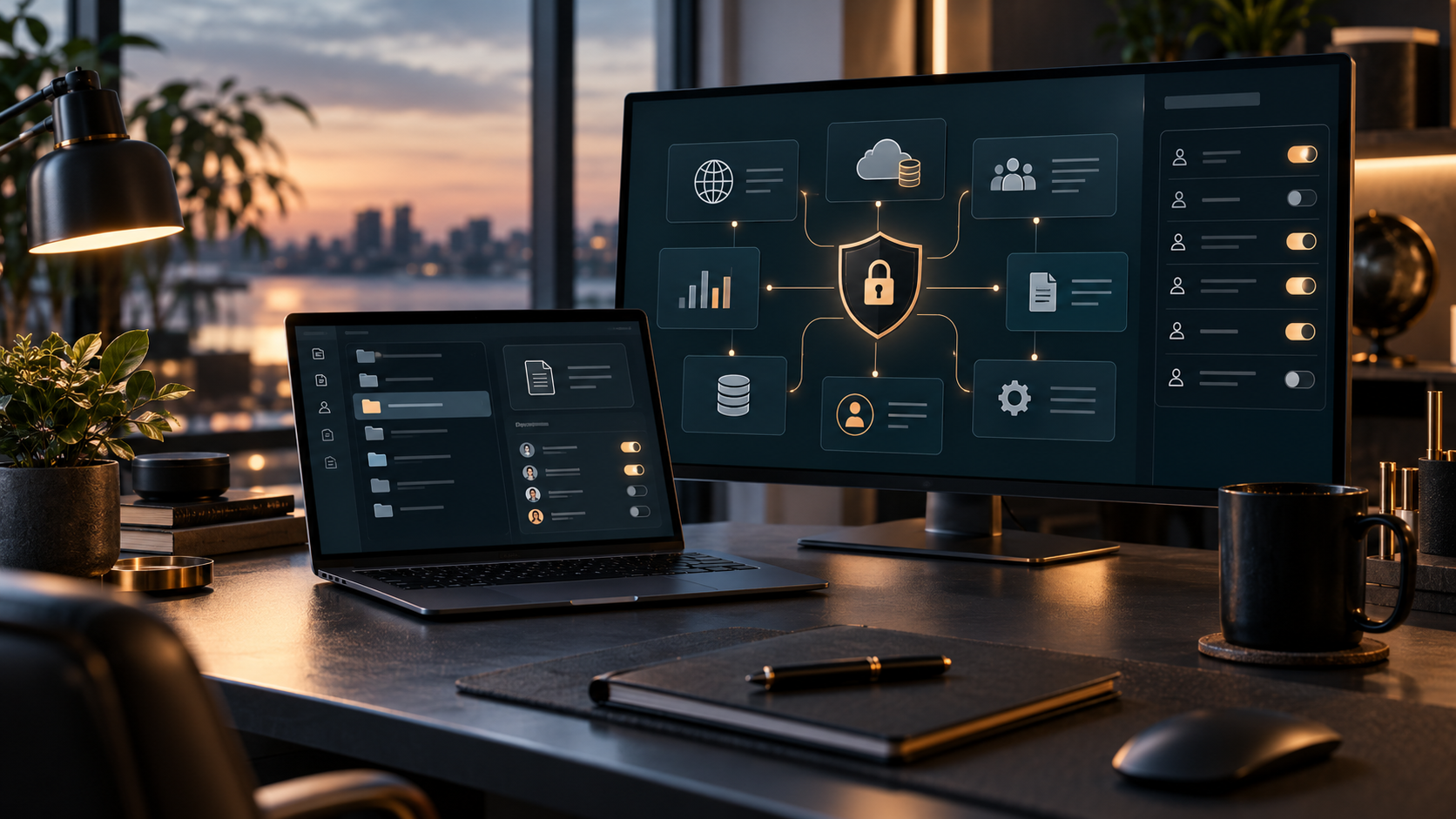 Business digital infrastructure dashboard showing website, cloud, data, access, and security control