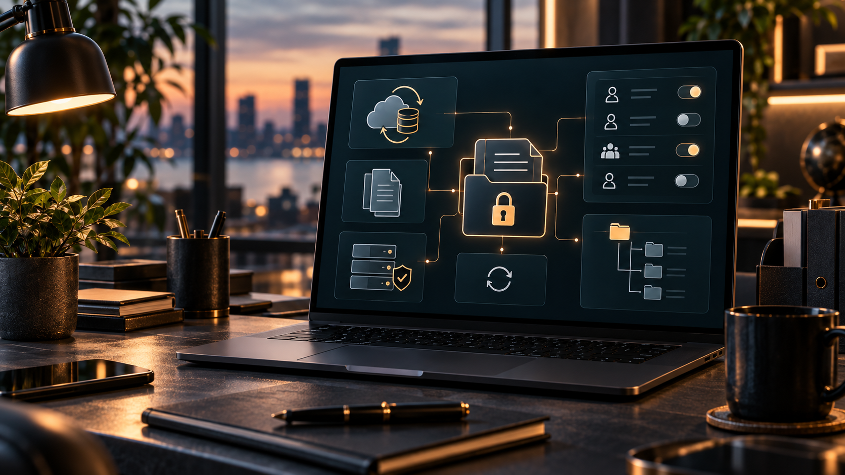 Secure business workspace showing files, cloud storage, backups, user permissions, and protected digital access