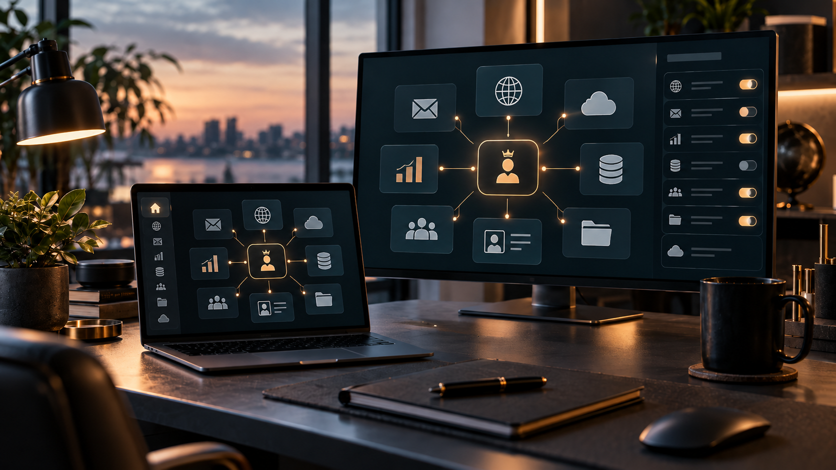 Centralized digital ownership system connecting business accounts, cloud services, data, users, and access controls