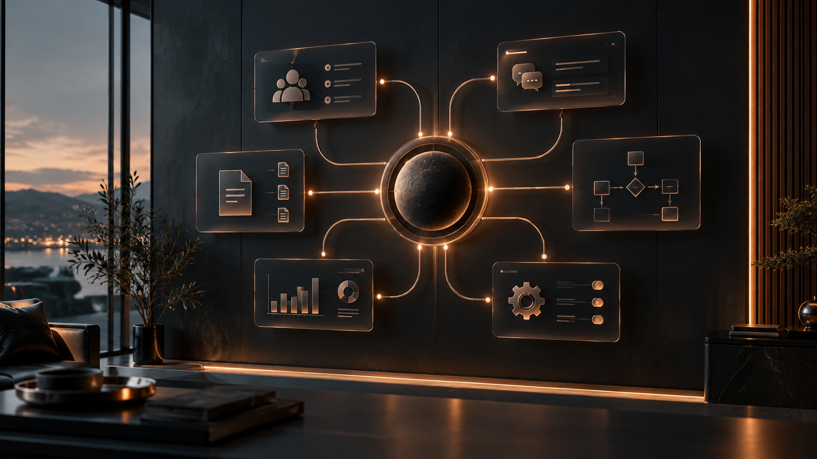 Connected business systems linking people, communication, documents, workflow, analytics, and automation