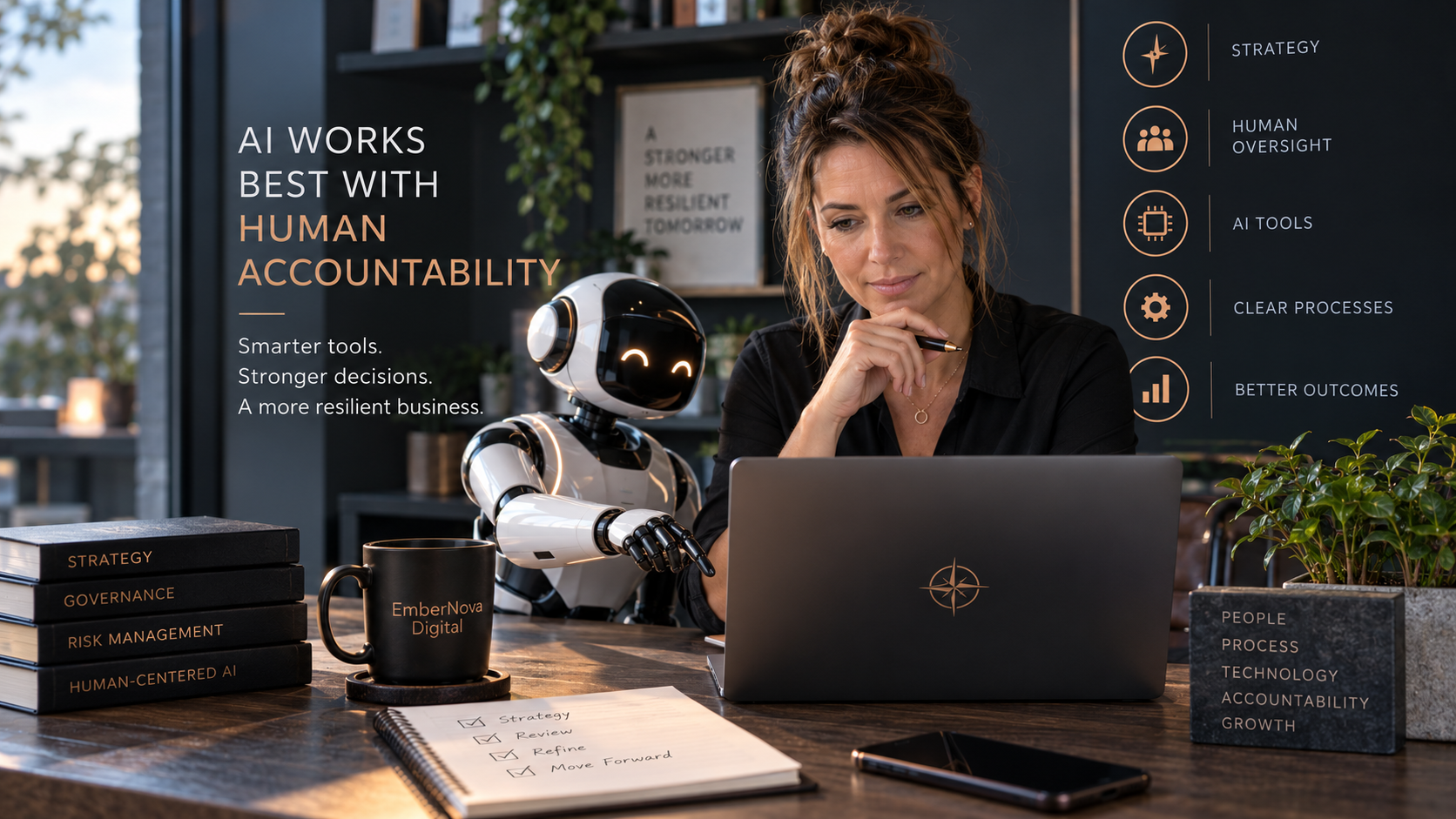 Business professional reviewing AI-assisted work with human oversight and governance controls