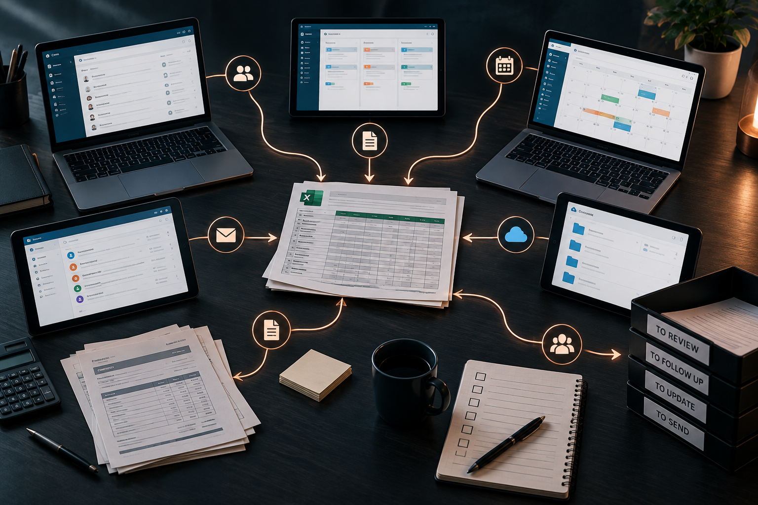 Business spreadsheet acting as the central system connecting customers, projects, pricing, approvals, and reporting