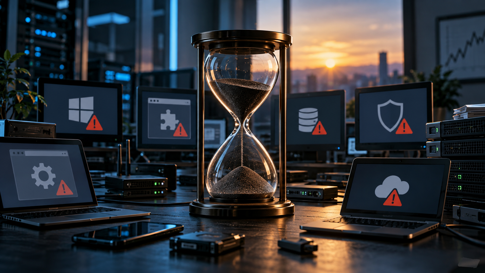 Hourglass surrounded by aging business technology and warning indicators representing technology lif