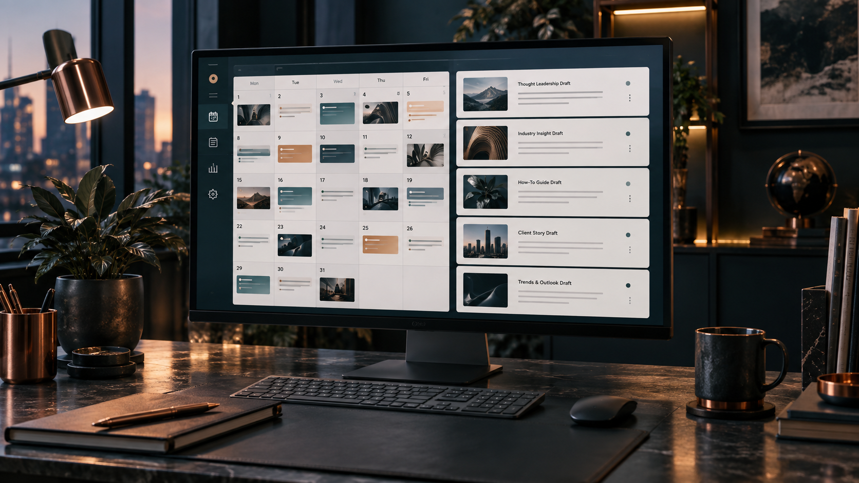 Professional B2B content planning workspace with editorial calendar, varied post drafts, and publish