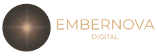 EMBERNOVA DIGITAL logo with gold text and a dark circular starburst emblem on a white background