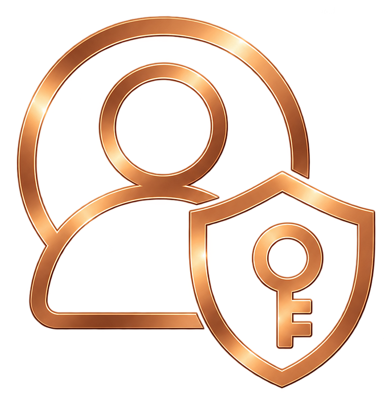 Copper outline of a user profile with a shield and key security icon