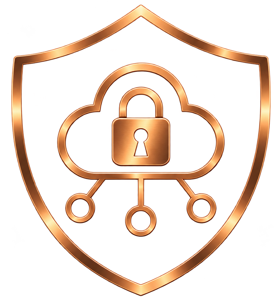Copper security shield with cloud network and padlock icon