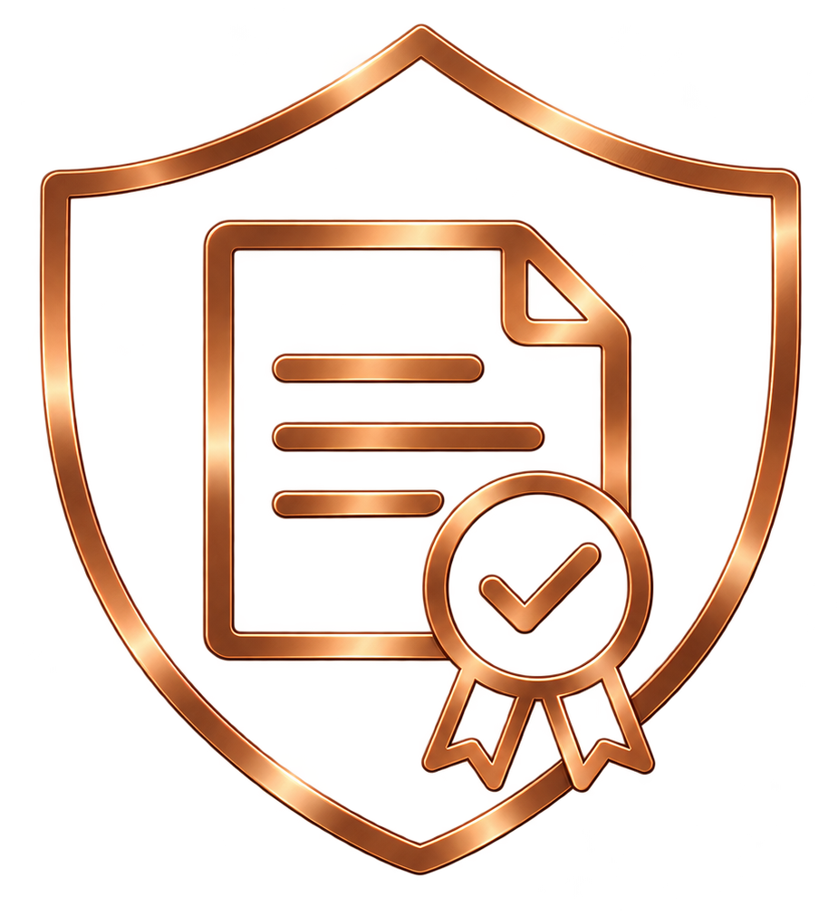 Copper shield with a document and award ribbon, symbolizing certified protection or compliance