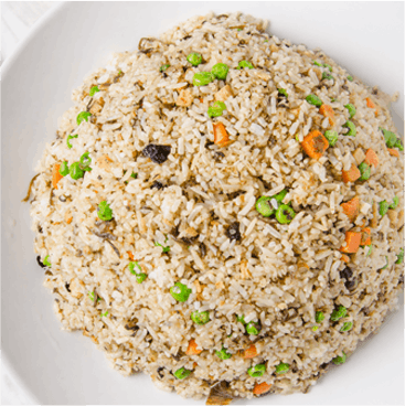 Fried rice with peas, carrots, and mushrooms on a white plate.