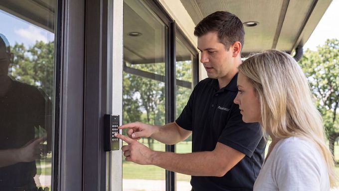 Glass door with metal handle and wall-mounted access keypad next to it