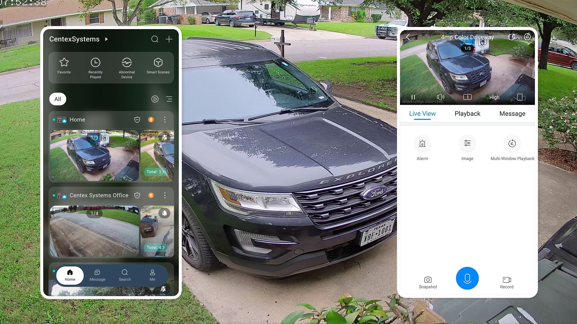 Two smartphone app screens showing a gray car in a driveway and its remote camera view.