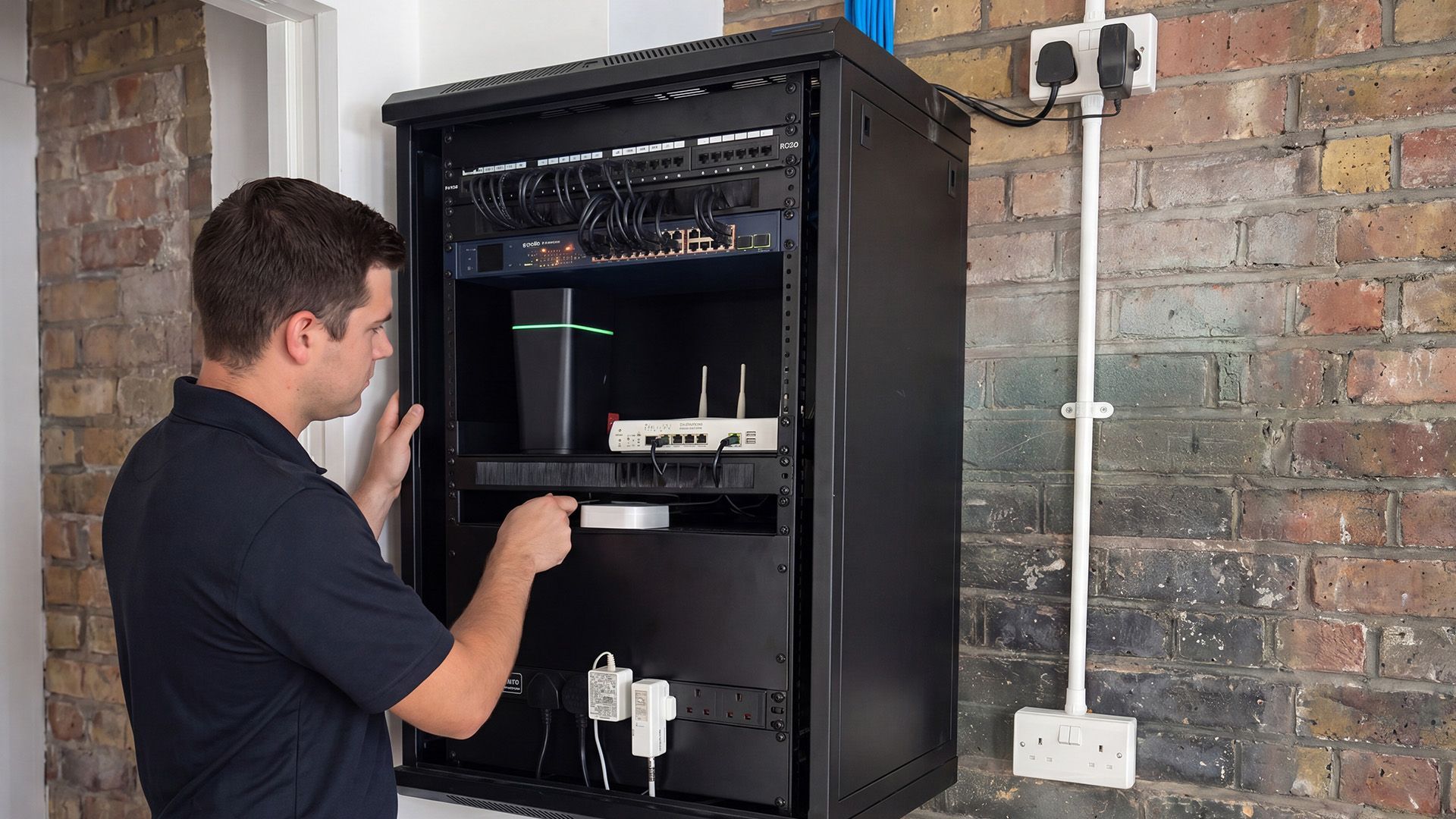 Technician adjusting equipment in a wall-mounted network cabinet with exposed cables and devices.