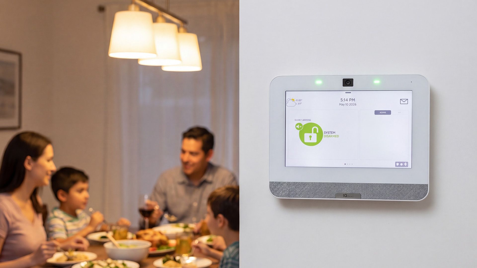Family dining at a table beside a wall-mounted white home security panel with a lit screen.