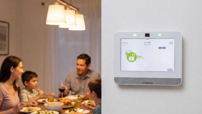 Family dining at a table beside a wall-mounted home security keypad with a lit screen
