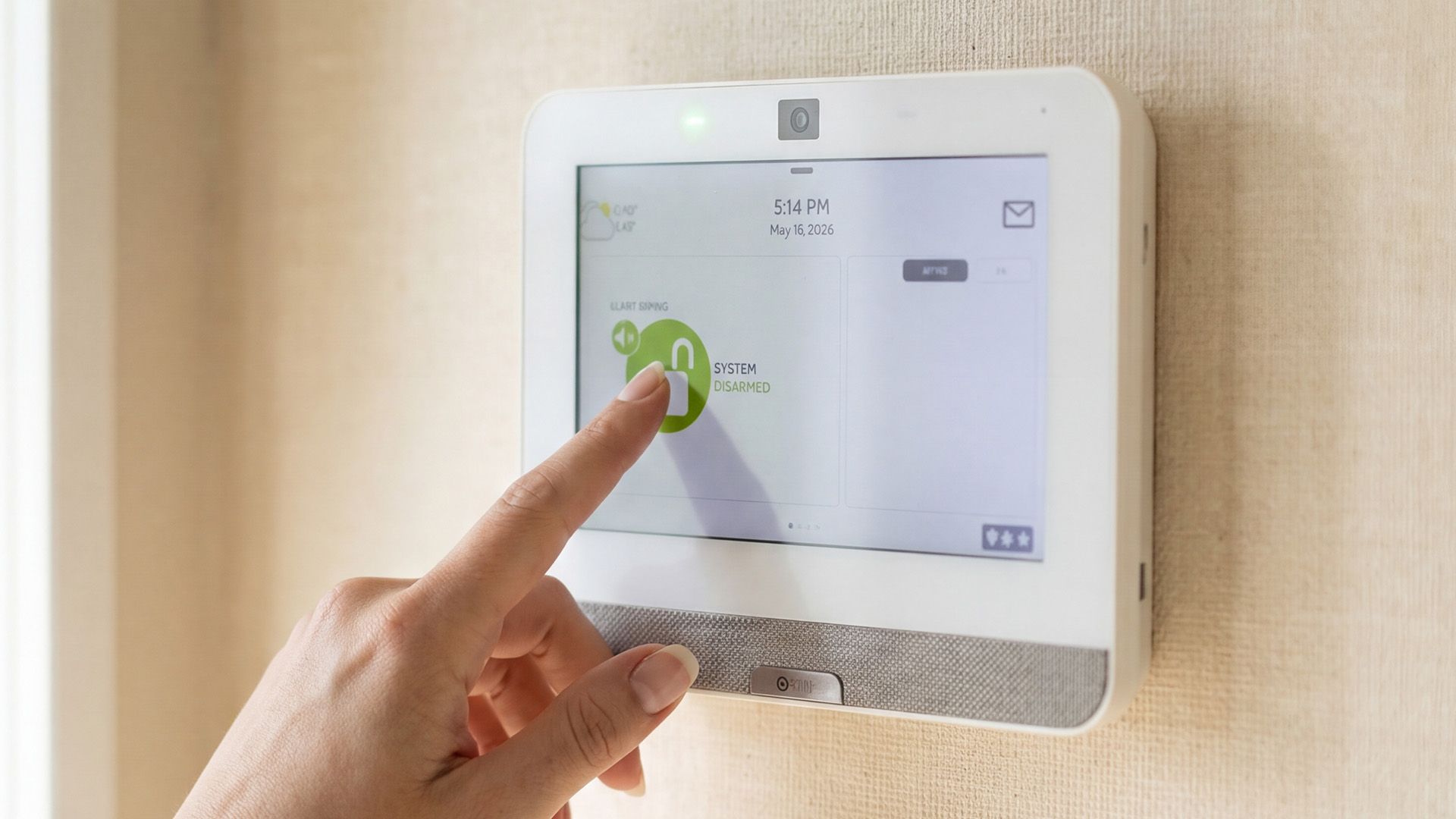 Hand pressing a green button on a wall-mounted touchscreen thermostat in a white room