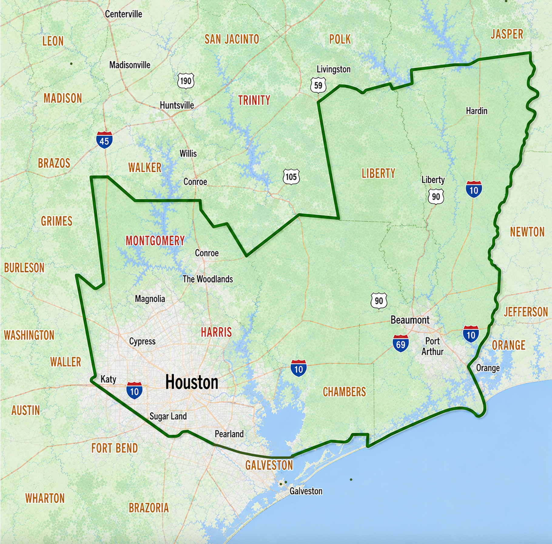 Map of the Houston, Texas area with a green outlined boundary over a city and county map.