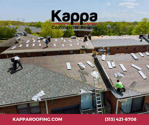 Commercial roofers working on a building, logo for Kappa Commercial Roofing.