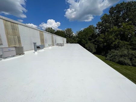 White, flat commercial roof on a sunny day with blue sky and trees.
