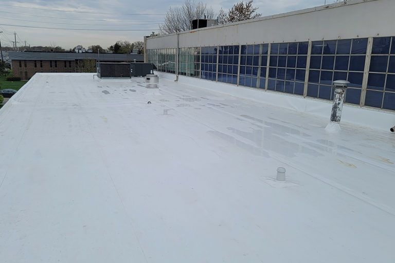 Flat, white roof of a building.  Solar panels in rows on the side of the roof.