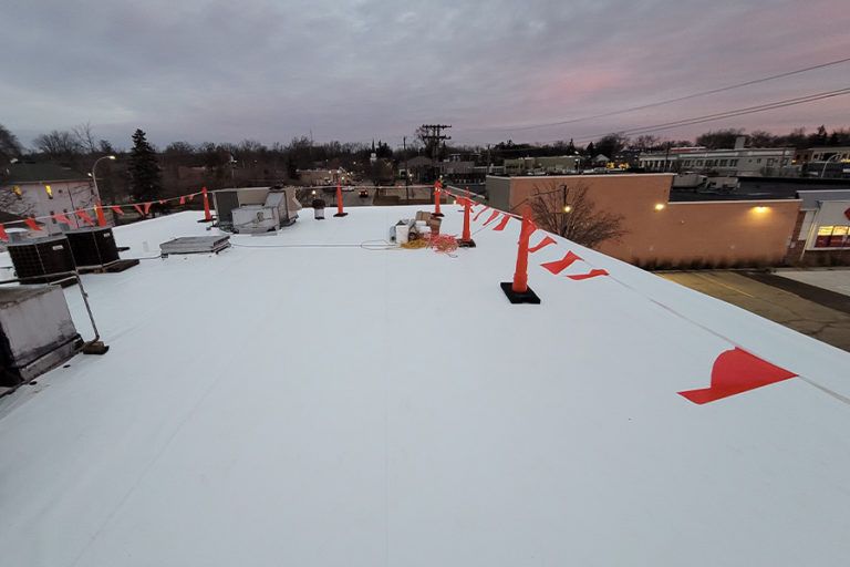 Rooftop with orange flags and cones, possibly a work zone; cloudy sky above.