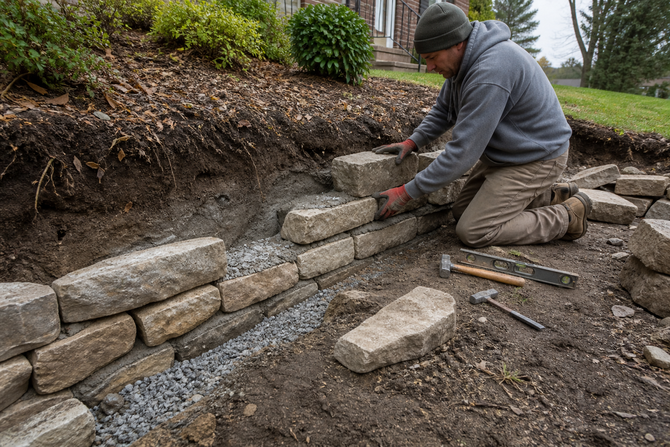 Stone Retaining wall being repaired and partially rebuilt in Dublin, OH