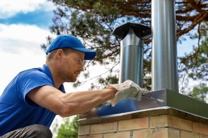 Worker in blue cap and shirt repairing a brick chimney with tools outdoors