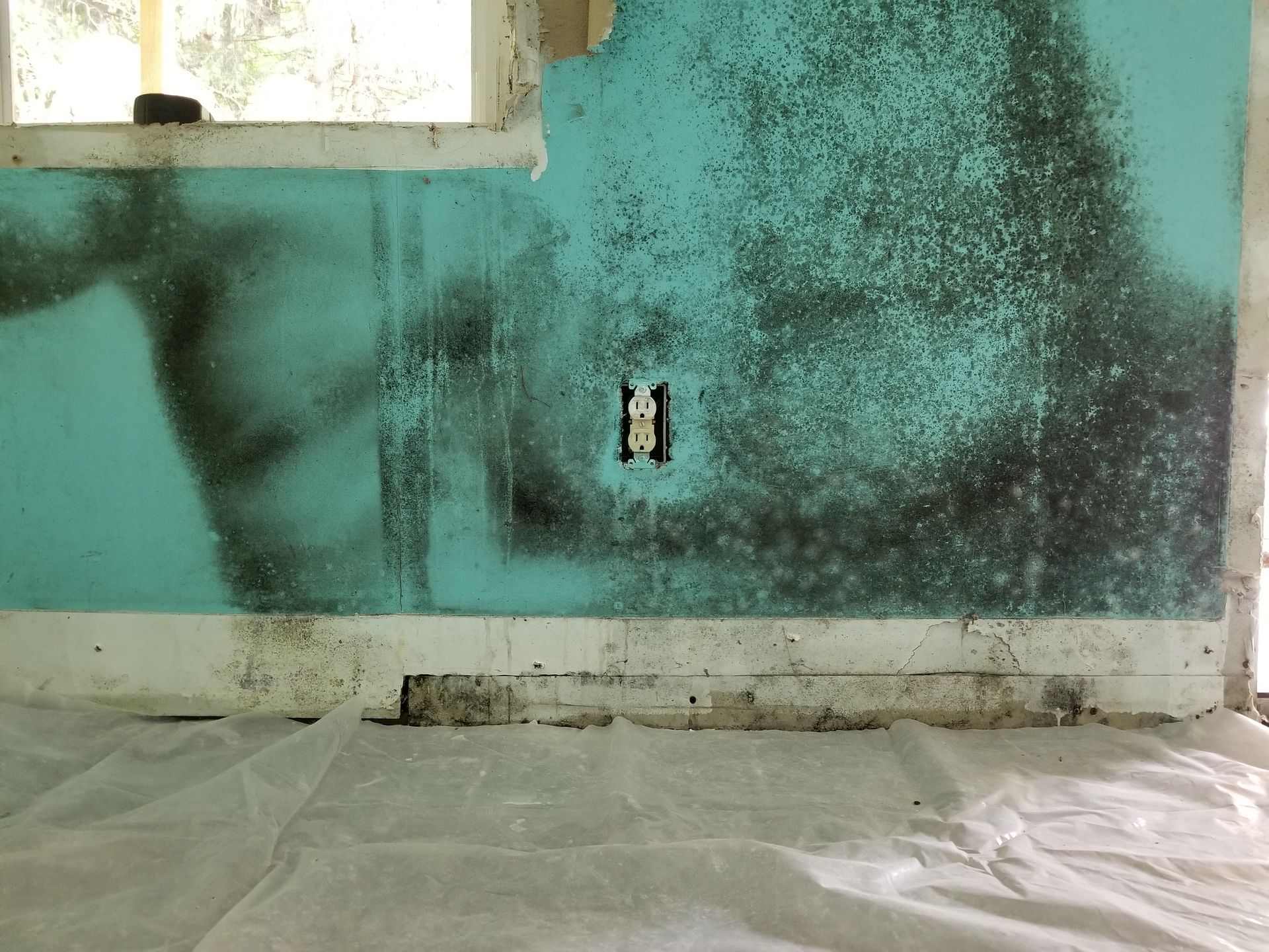 Turquoise wall with dark damp stains, an electrical outlet, and a window above, covered in plastic sheeting below