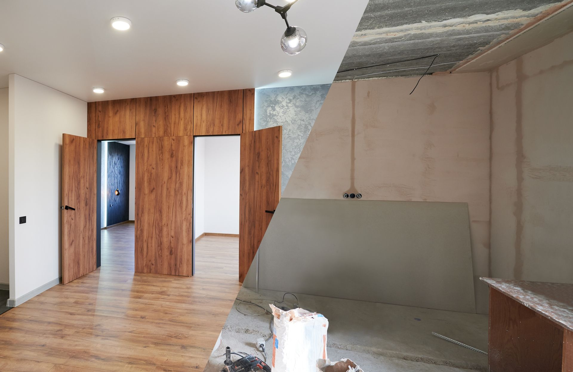 Split view of a modern interior under renovation, showing finished wood flooring and exposed unfinished walls and ceiling.