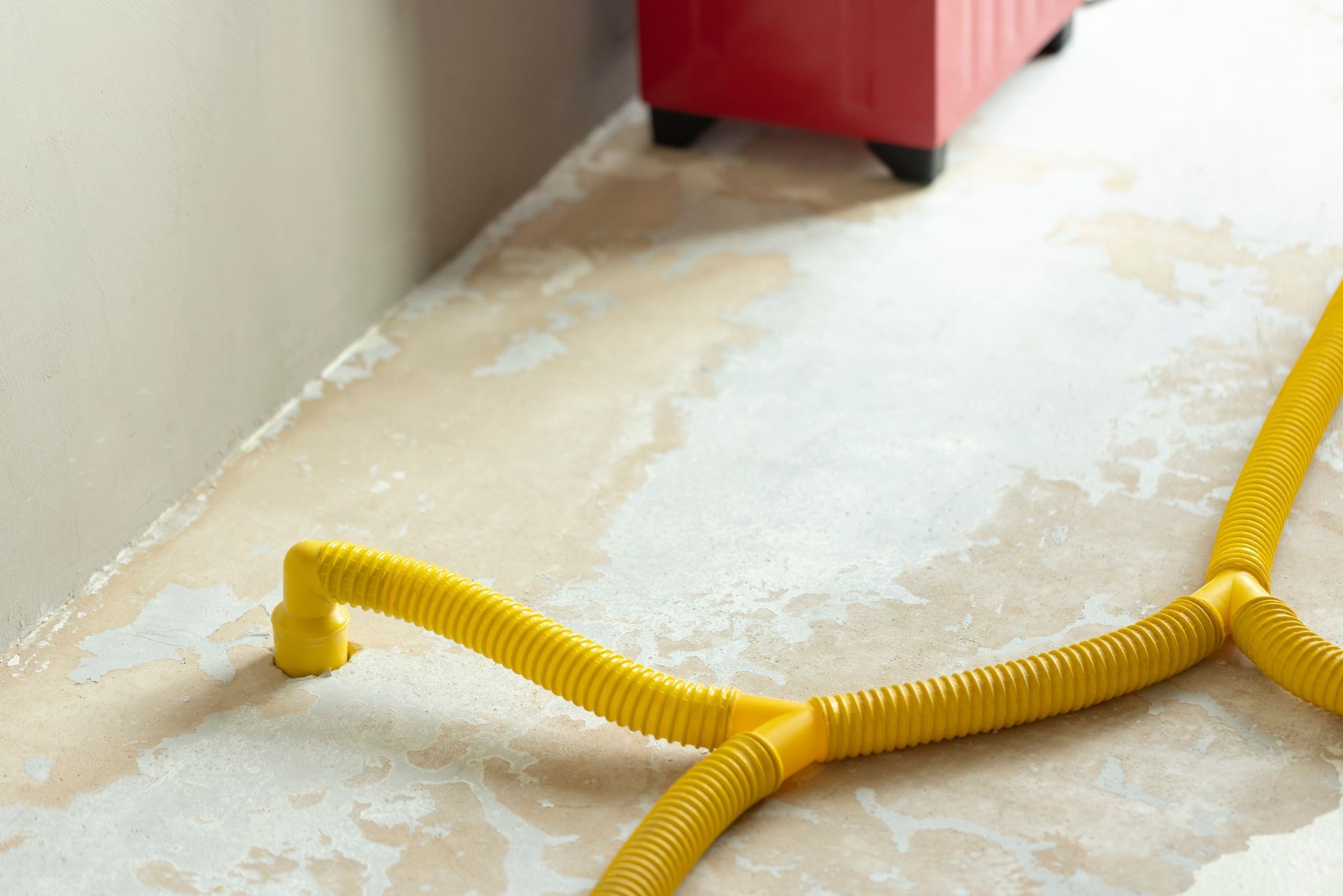 Yellow corrugated hose lying on a dusty floor beside a wall and red appliance