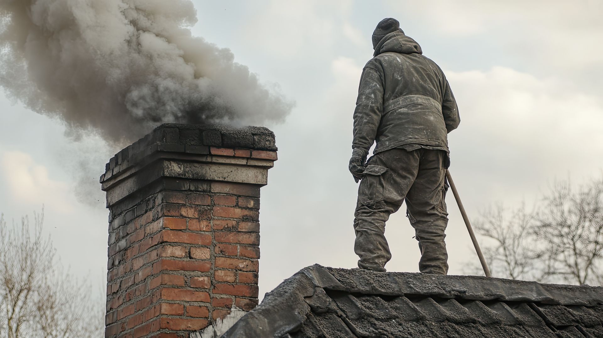 Worker on a rooftop beside a smoking brick chimney, holding a tool under a cloudy sky.