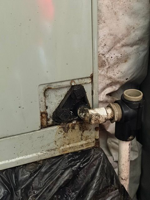Close-up of a wall-mounted AC plumbing valve with moisture and mold