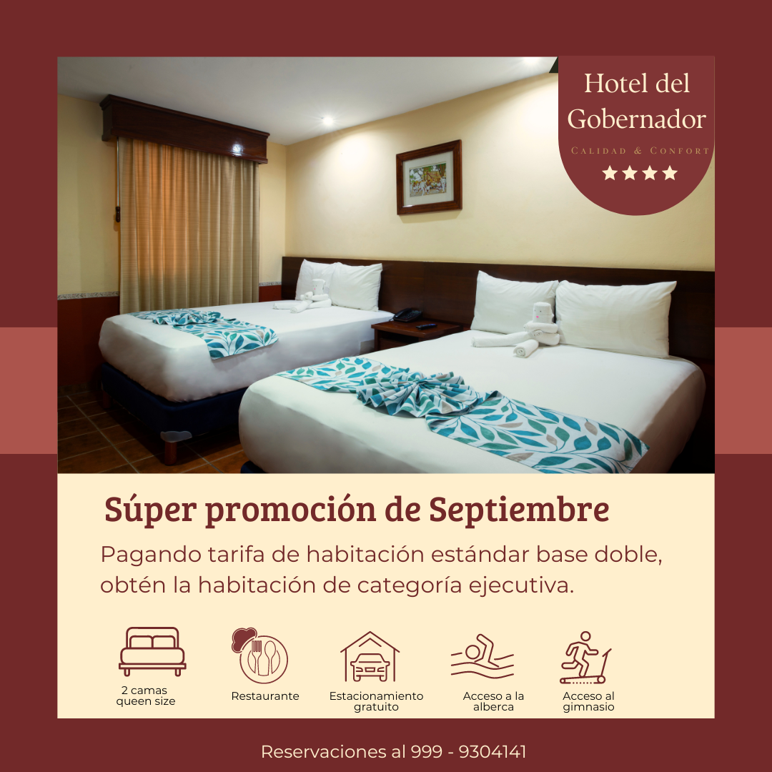 A hotel room with two beds and a sign that says super promoción de septiembre.