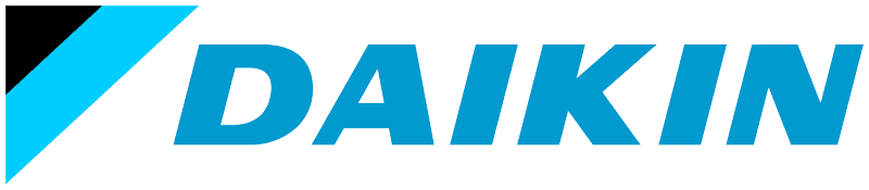 Daikin logo: A stylized blue wordmark with a black and blue triangle.