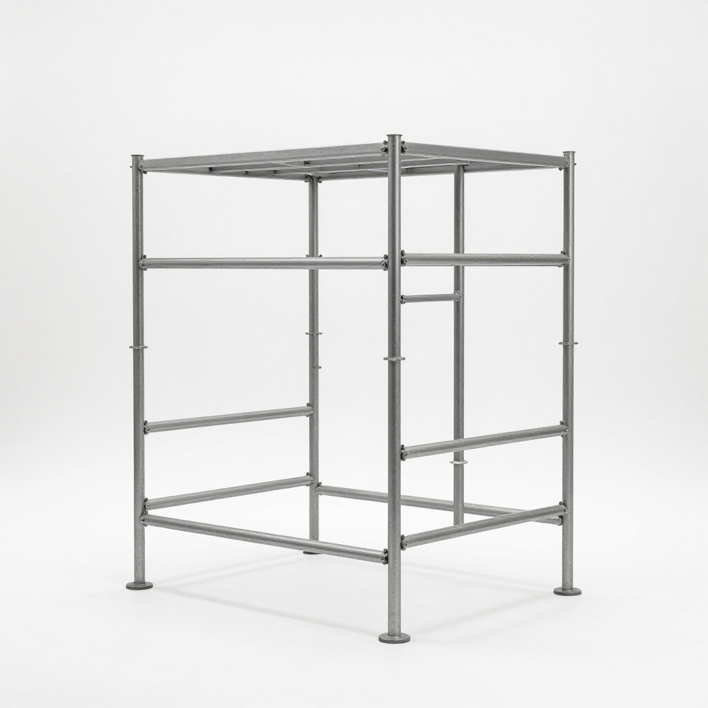 Estructura de andamio de metal gris sobre fondo blanco