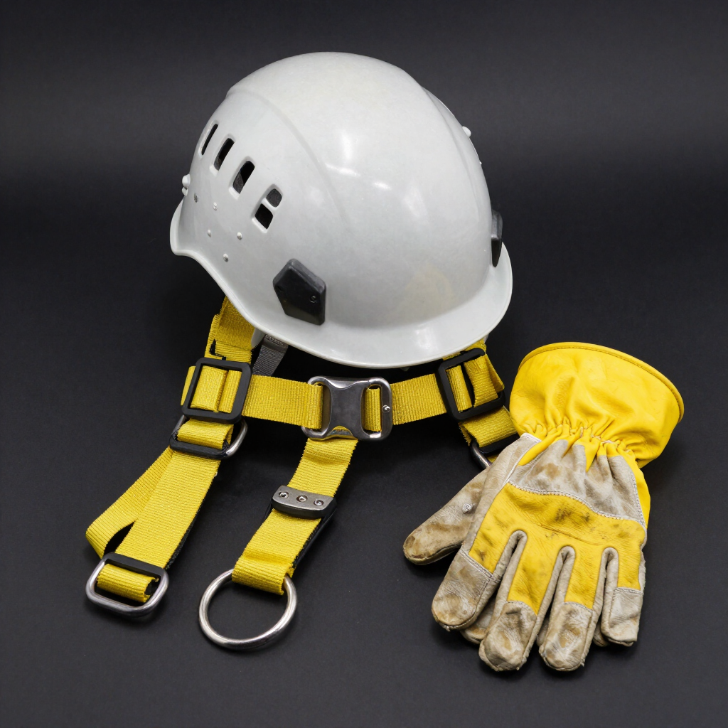 Casco de seguridad blanco con arnés amarillo y guantes de trabajo sobre un fondo oscuro