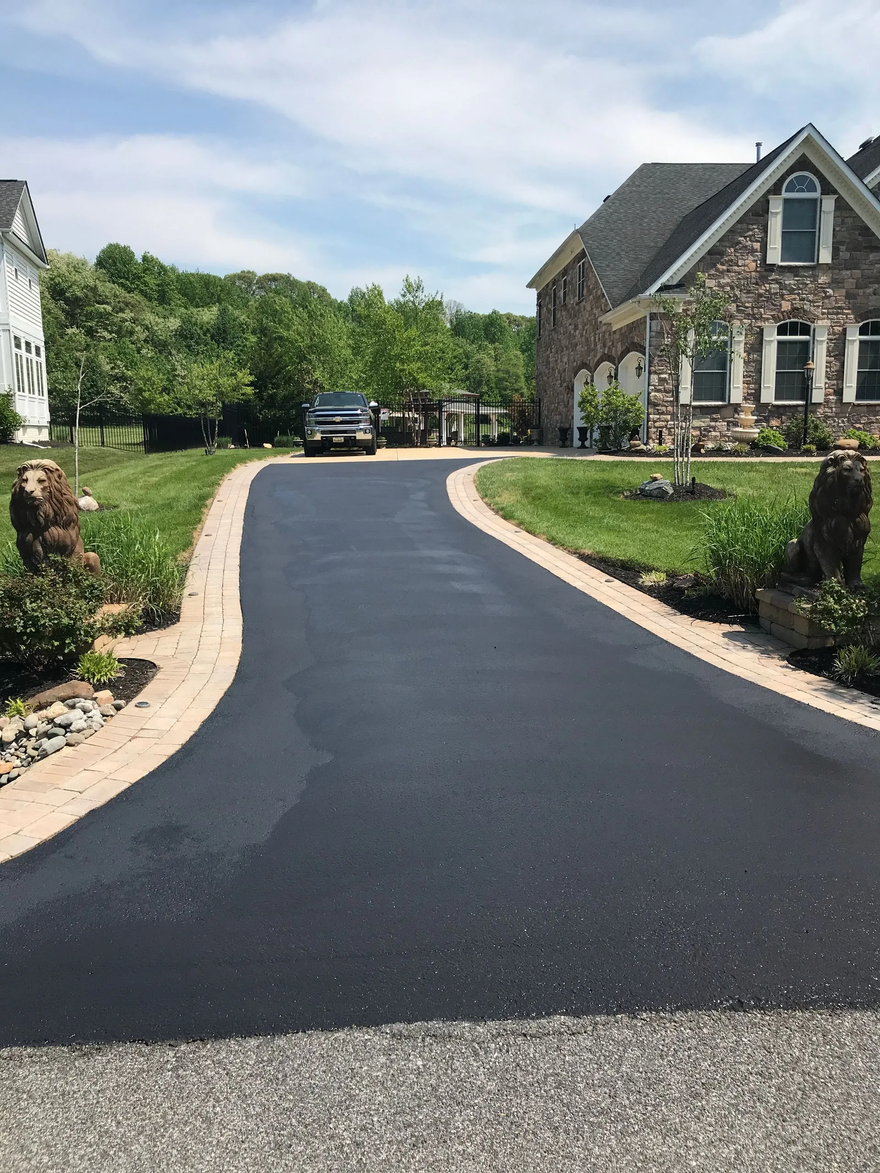 Curved black asphalt path with white edges beside grass and trees in daylight