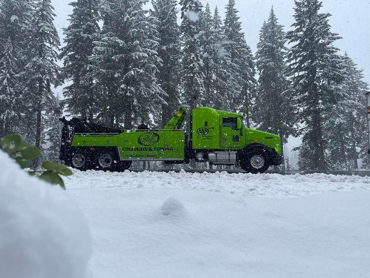 Bright green semi truck parked in snowy forest during snowfall