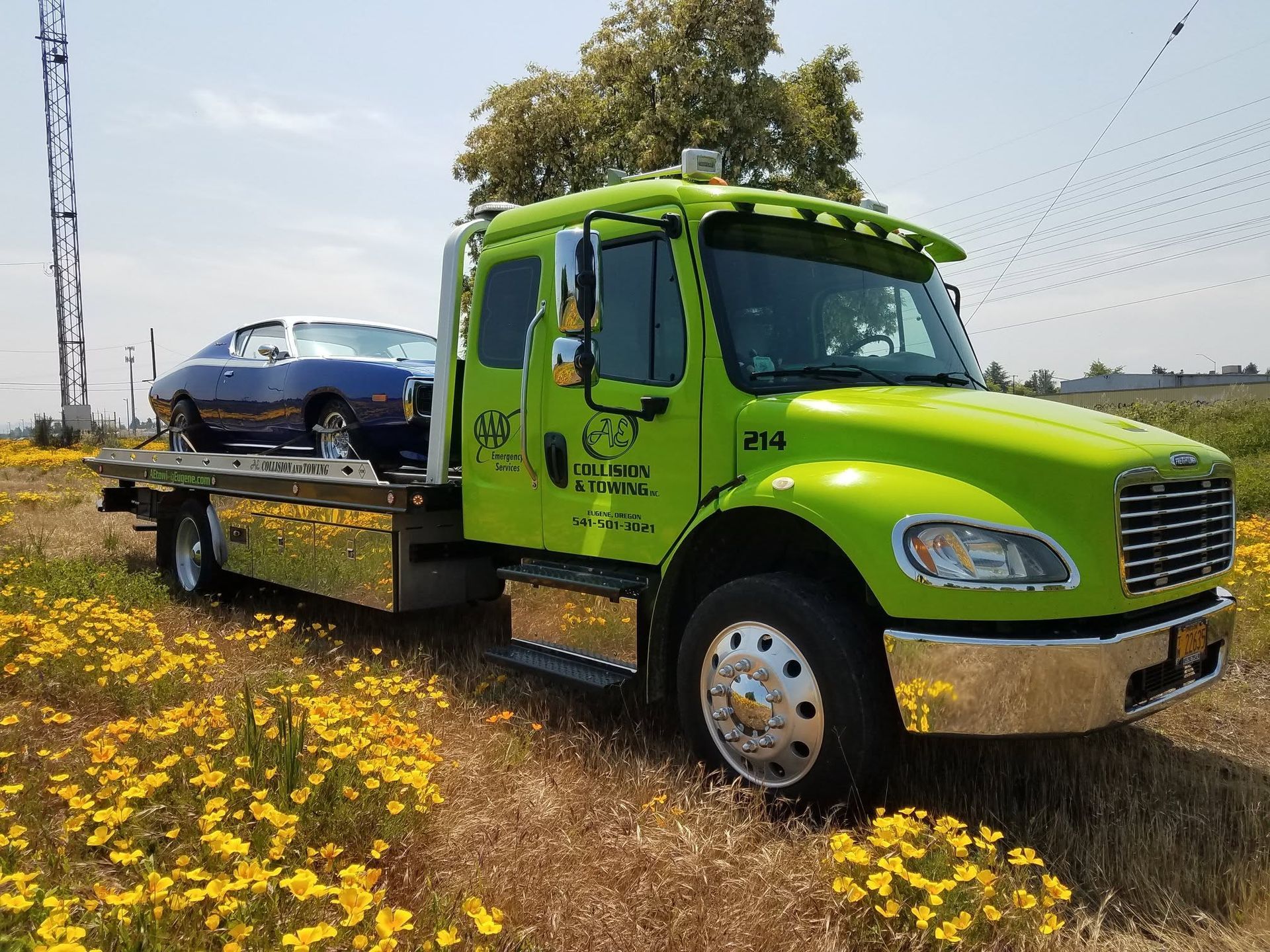 Bright green flatbed tow truck carrying a blue car in a wildflower field under a cloudy sky