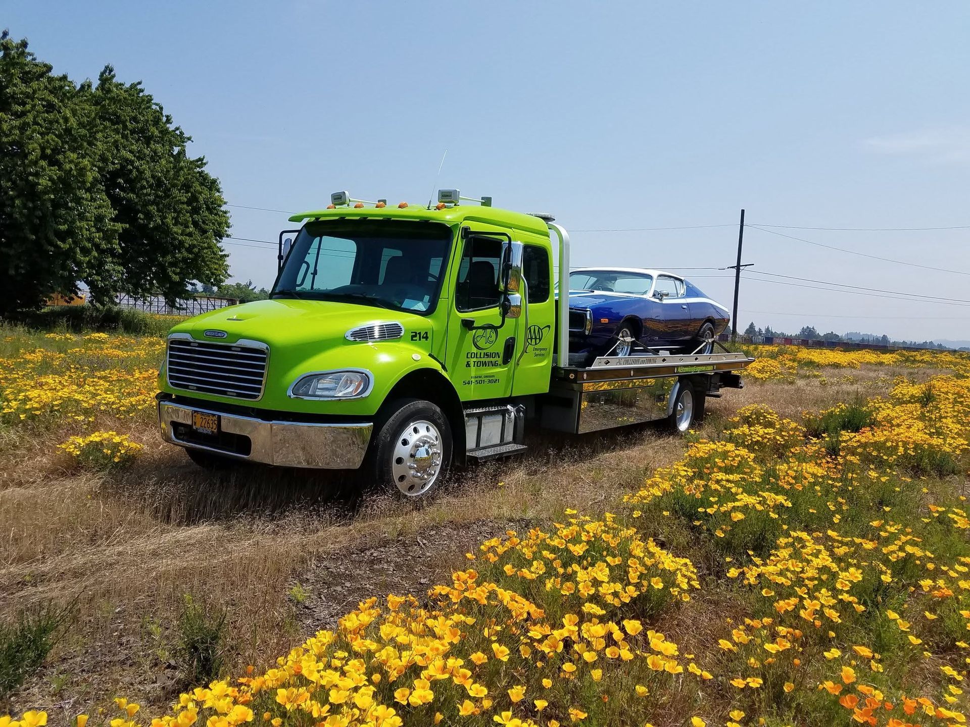 Bright green tow truck hauling a blue car through a wildflower field under a clear sky