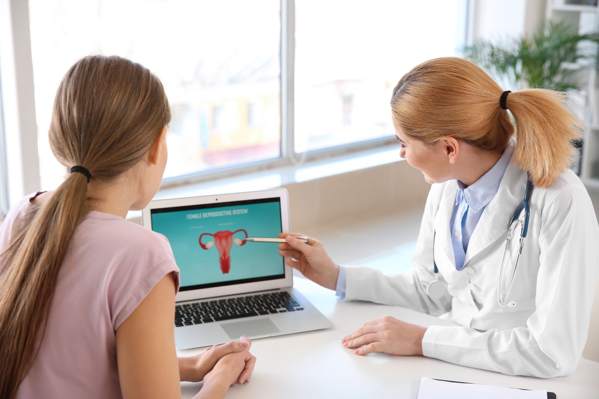 Gynecologist showing patient a female reproductive system diagram during visit