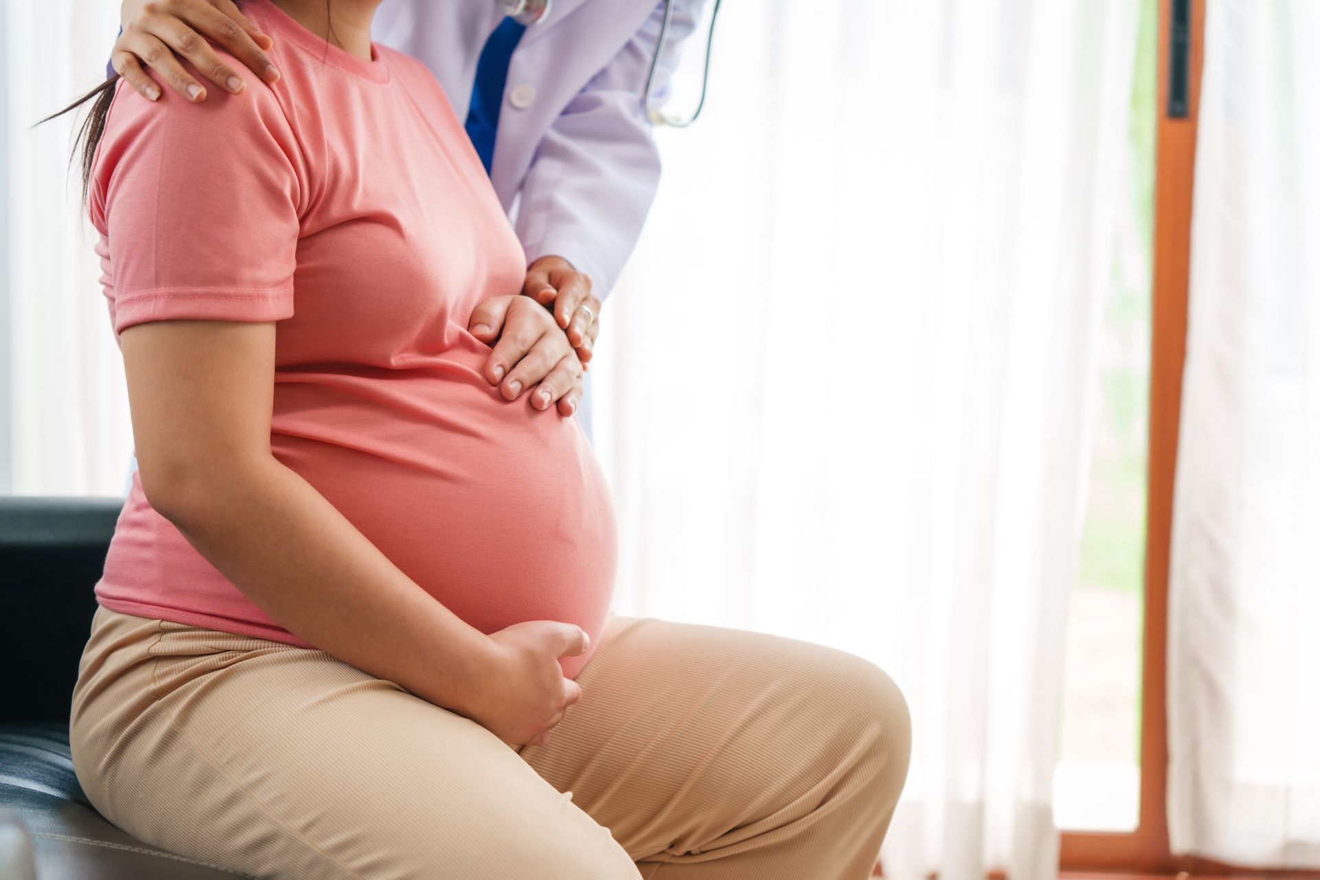 Pregnant patient receiving a prenatal checkup from a healthcare provider. Pregnant patient receiving a prenatal checkup from a healthcare provider.