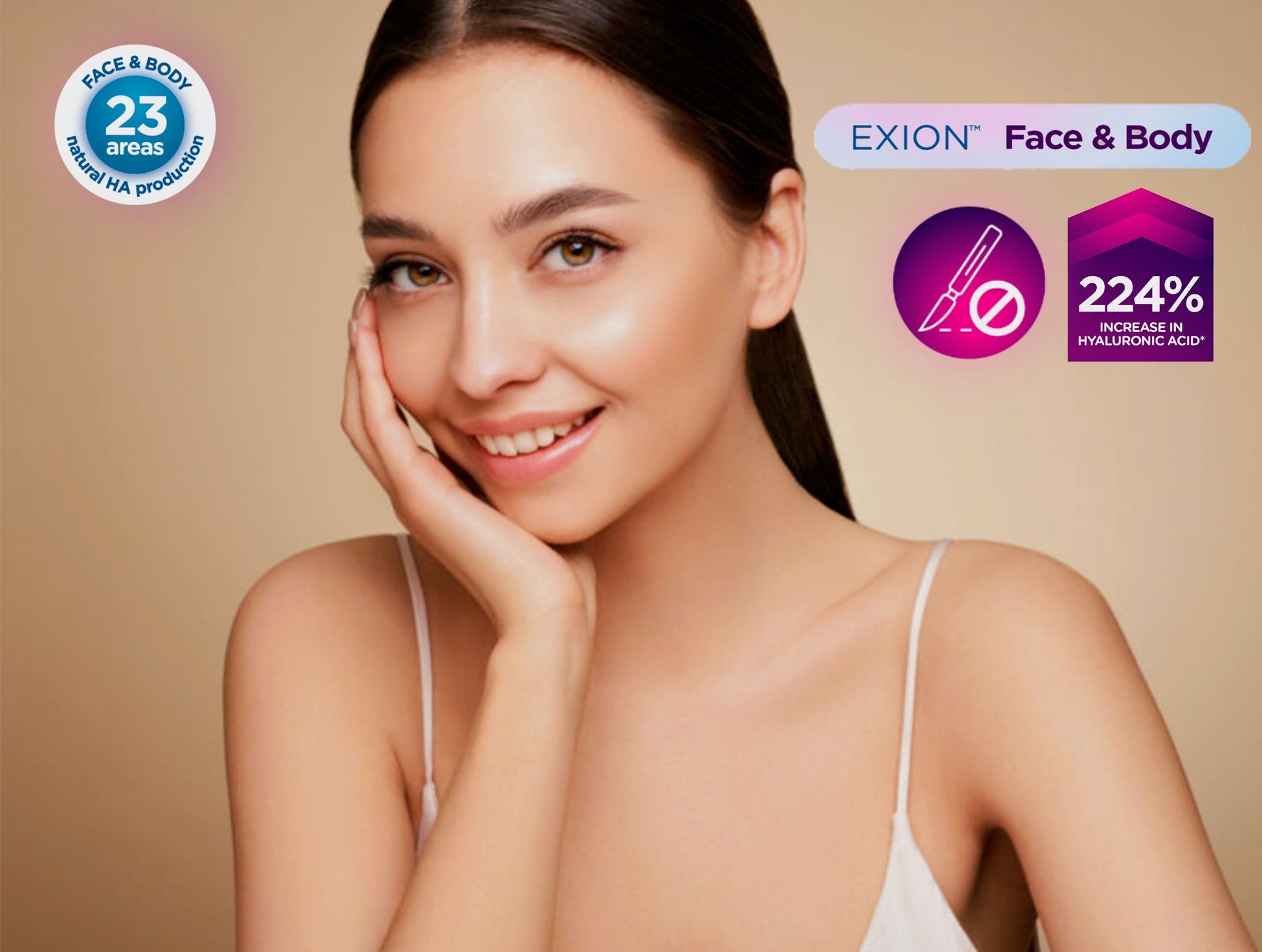Woman smiling, touching cheek. Product ad with text