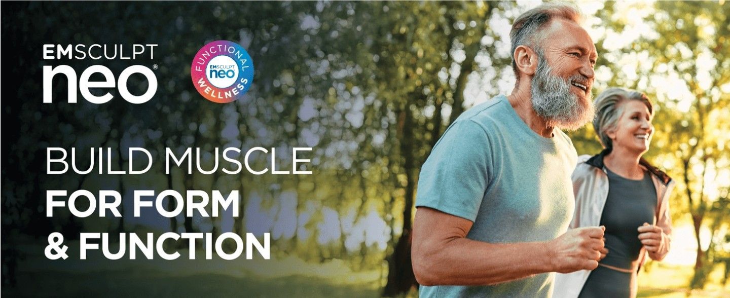 EMSCULPT neo ad: A couple running in a park, smiling. Text says: Build muscle for form & function.