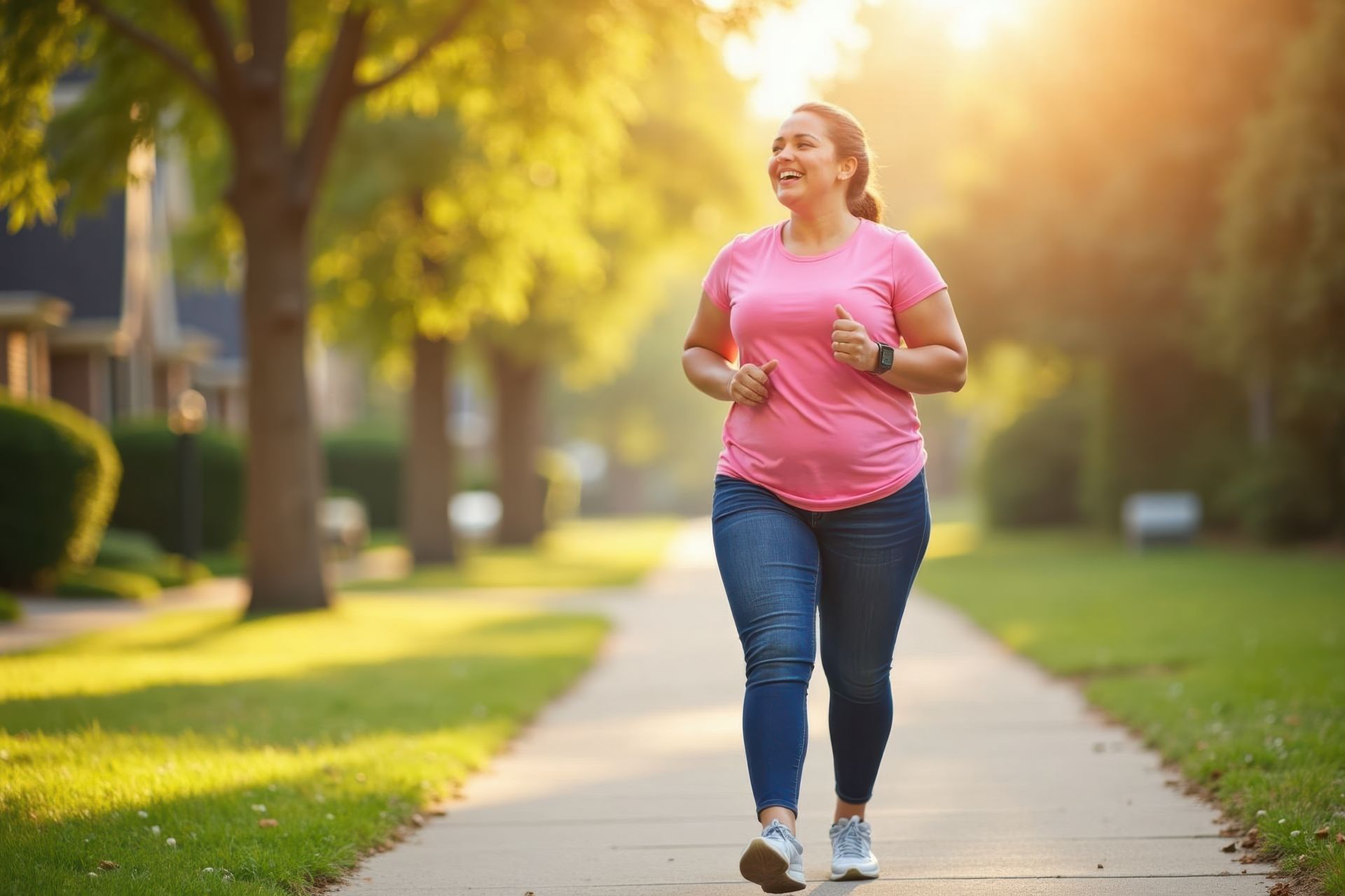 Woman jogging on a sunny sidewalk, wearing pink shirt, blue jeans, and fitness watch.