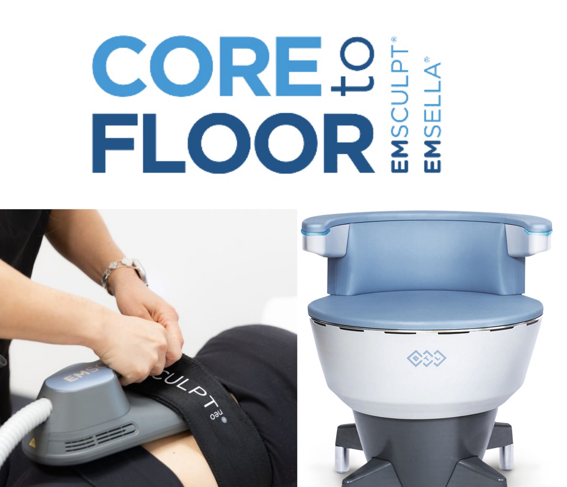 Core to floor: EMSCULPT device on patient's abdomen, and EMSella chair. Blue and white.