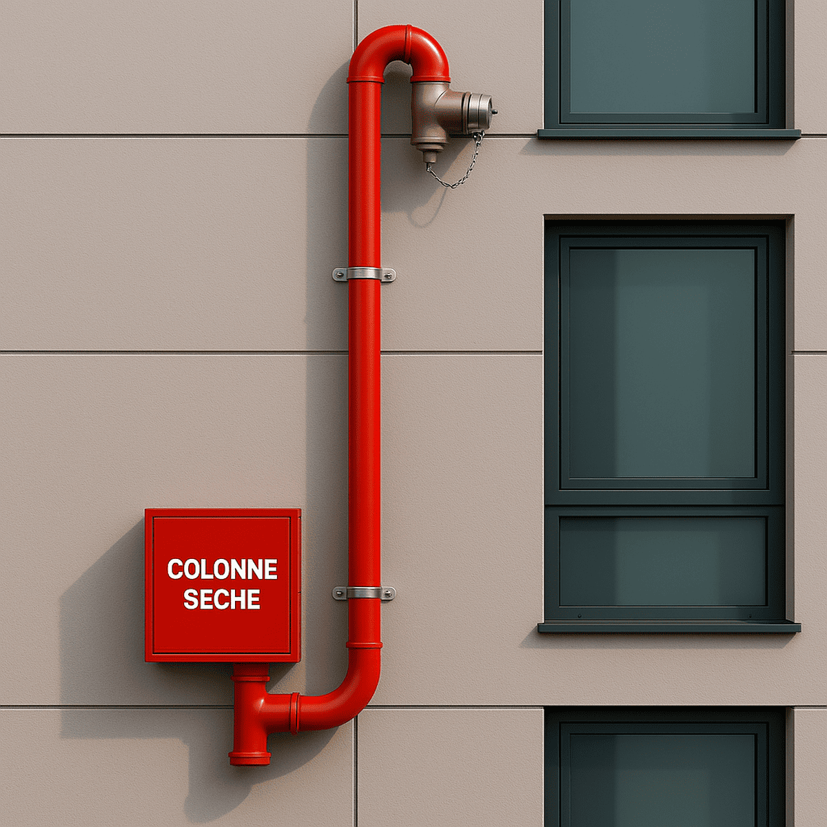 Conduite rigide rouge d'une colonne sèche installée sur la façade extérieure d’un bâtiment moderne, entre deux fenêtres, utilisée pour l’intervention des pompiers en cas d’incendie.
