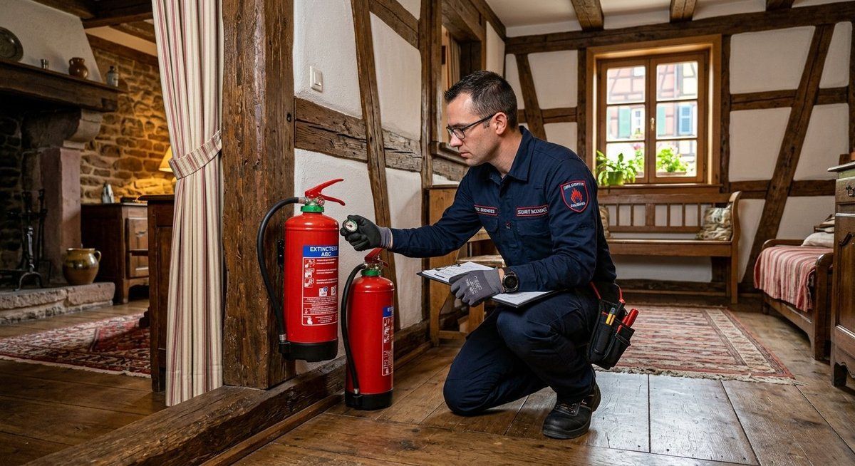 Technicien en sécurité incendie vérifiant la pression d'extincteurs ABC lors d'un contrôle réglementaire à Mulhouse