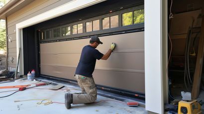 A worker in a dark shirt and tan pants kneels while installing or repairing a large, brown sectional garage door.